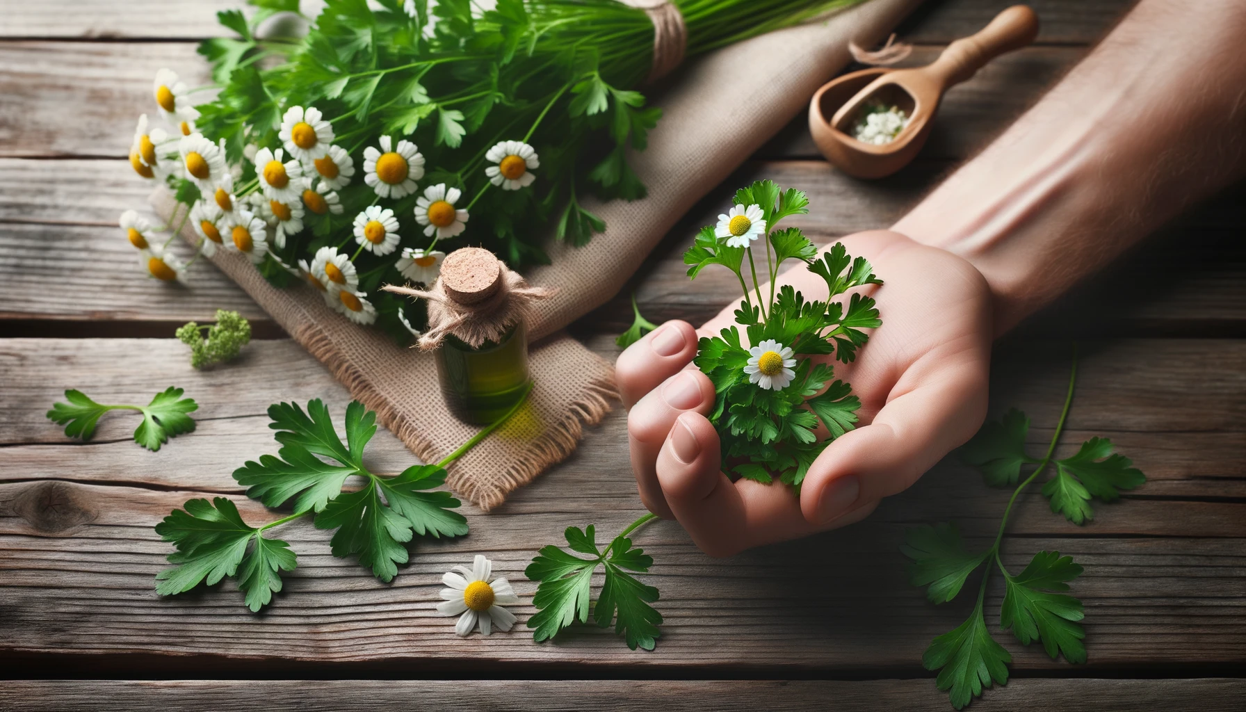 DALL·E 2023-10-21 15.04.09 - Photo of a hand holding a sprig of fresh parsley with chamomile flowers in the background on a rustic wooden table. Suitable for the section discussin